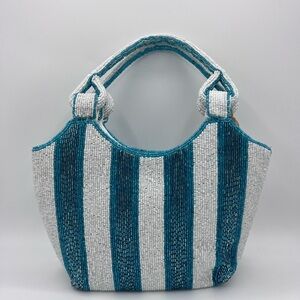 Striped Blue Aqua & White beaded bag made in India NWT TikTok Instagram Viral